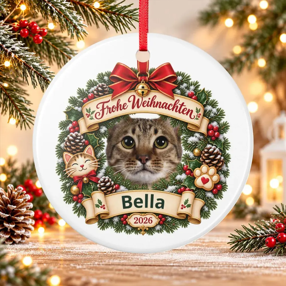 Keramik-Weihnachtsanhänger mit Katzenfoto im Weihnachtskranz, Banner Frohe Weihnachten und Beispielname Bella