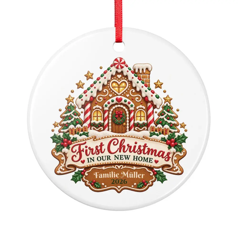 Lebkuchenhaus-Weihnachtsanhänger aus Keramik von vorne mit Beispielname Familie Müller und 2026