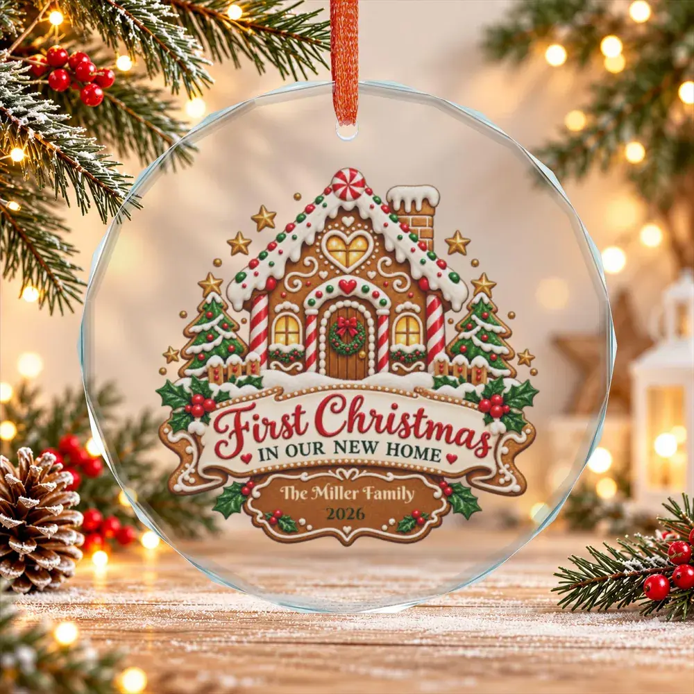 Lebkuchenhaus-Weihnachtsanhänger aus klarem Glas (Variante für die USA) mit Beispielname The Miller Family