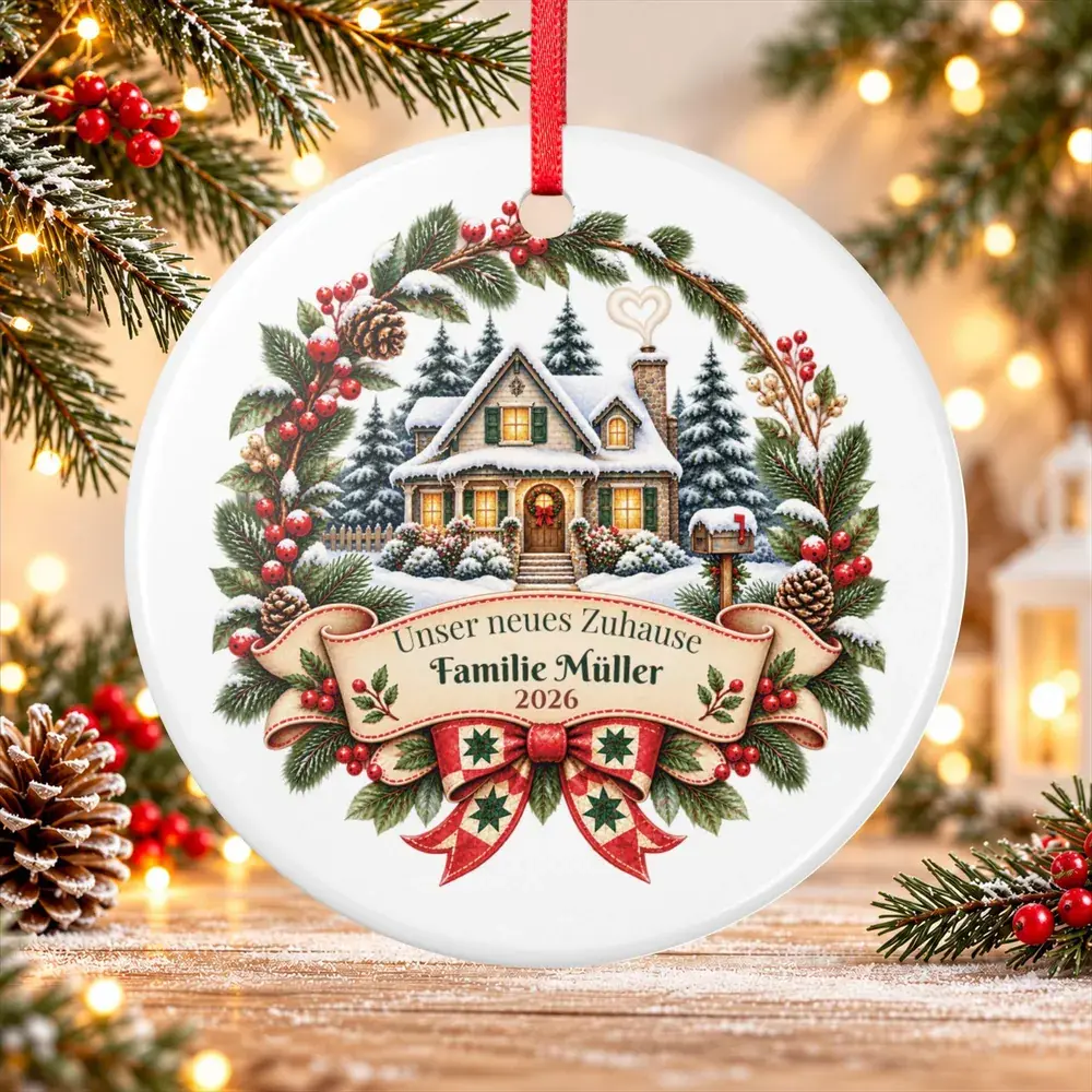 Weihnachtsanhänger aus Keramik mit verschneitem Haus im Winterkranz, Schriftzug Unser neues Zuhause und Beispielname Familie Müller
