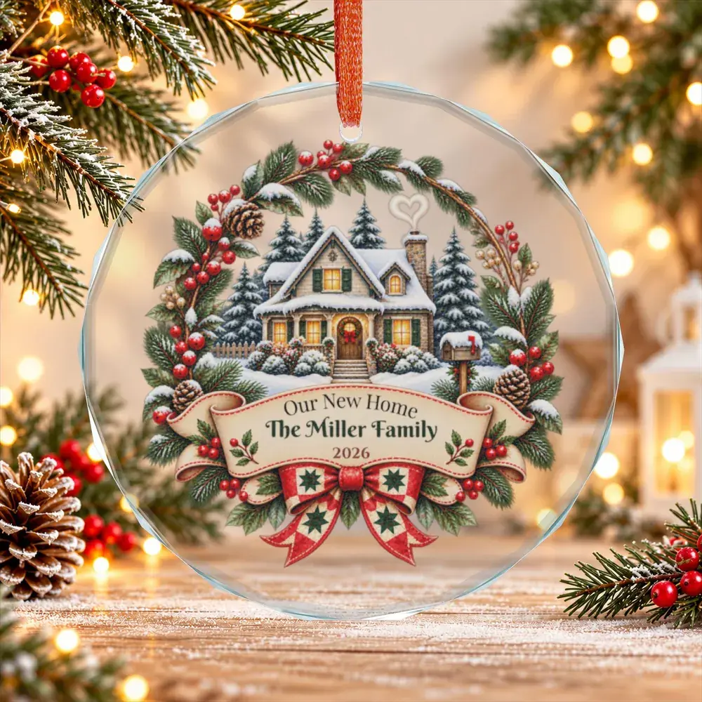 Glas-Weihnachtsanhänger mit Haus im Winterkranz und Schriftzug Our New Home (Variante für die USA)