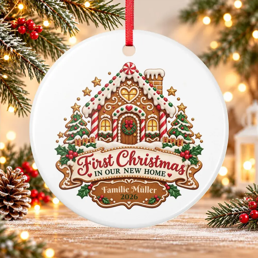 Weihnachtsanhänger mit Lebkuchenhaus und Familienname am Tannenzweig