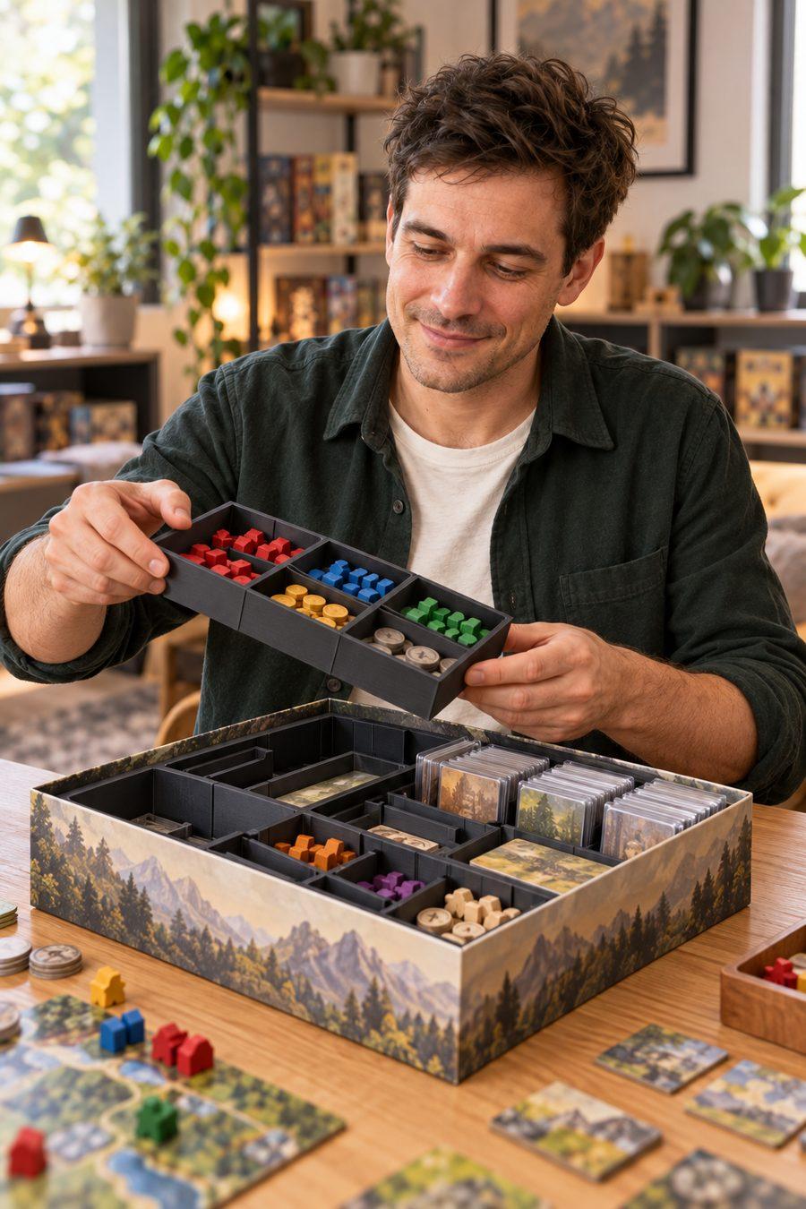 Mike zeigt ein Inlay mit sortierten Spielfiguren in einer Brettspielschachtel
